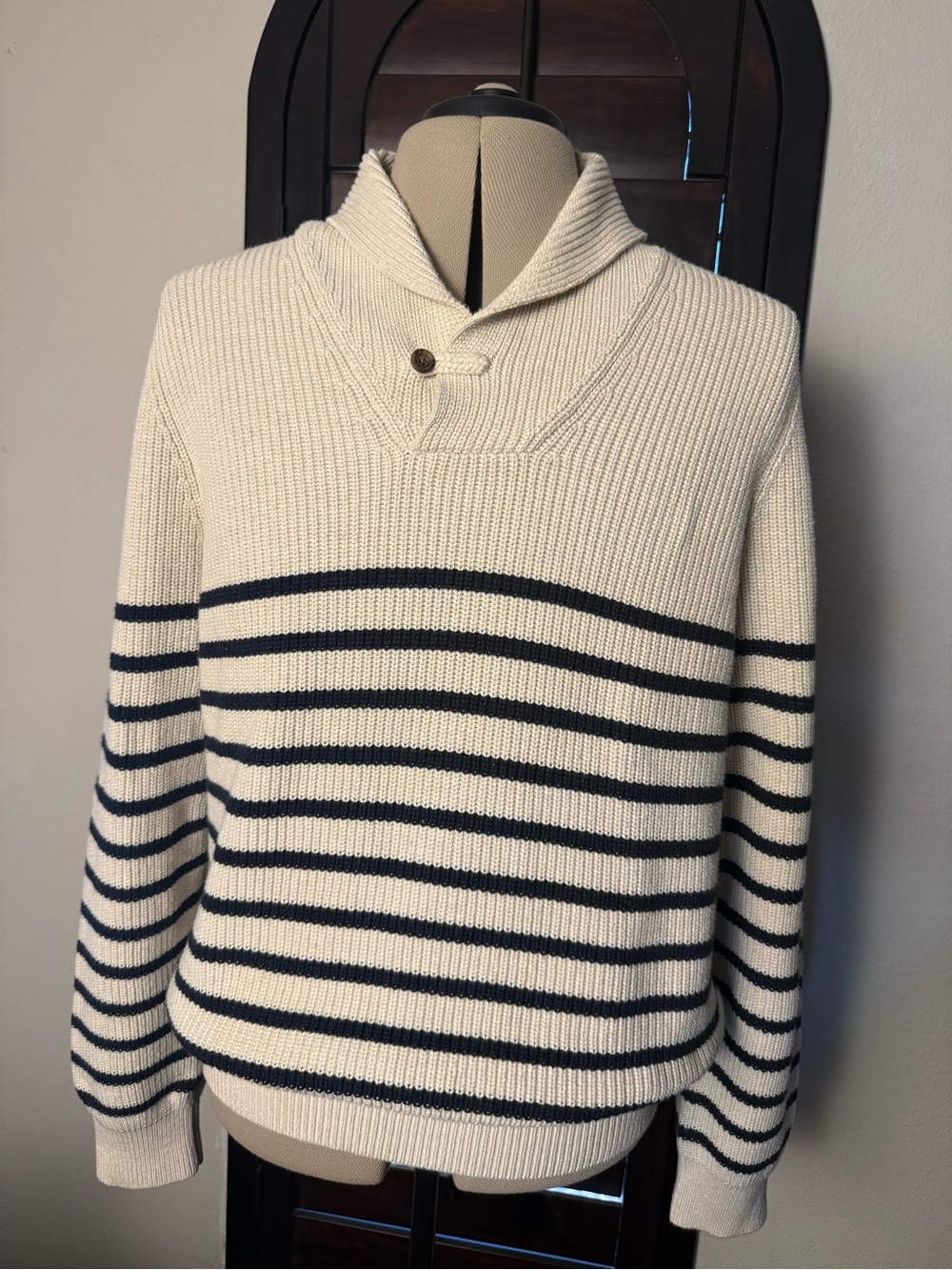 Brooks Brothers 346 Shawl Collar Striped Cotton Sweater Navy Cream XL